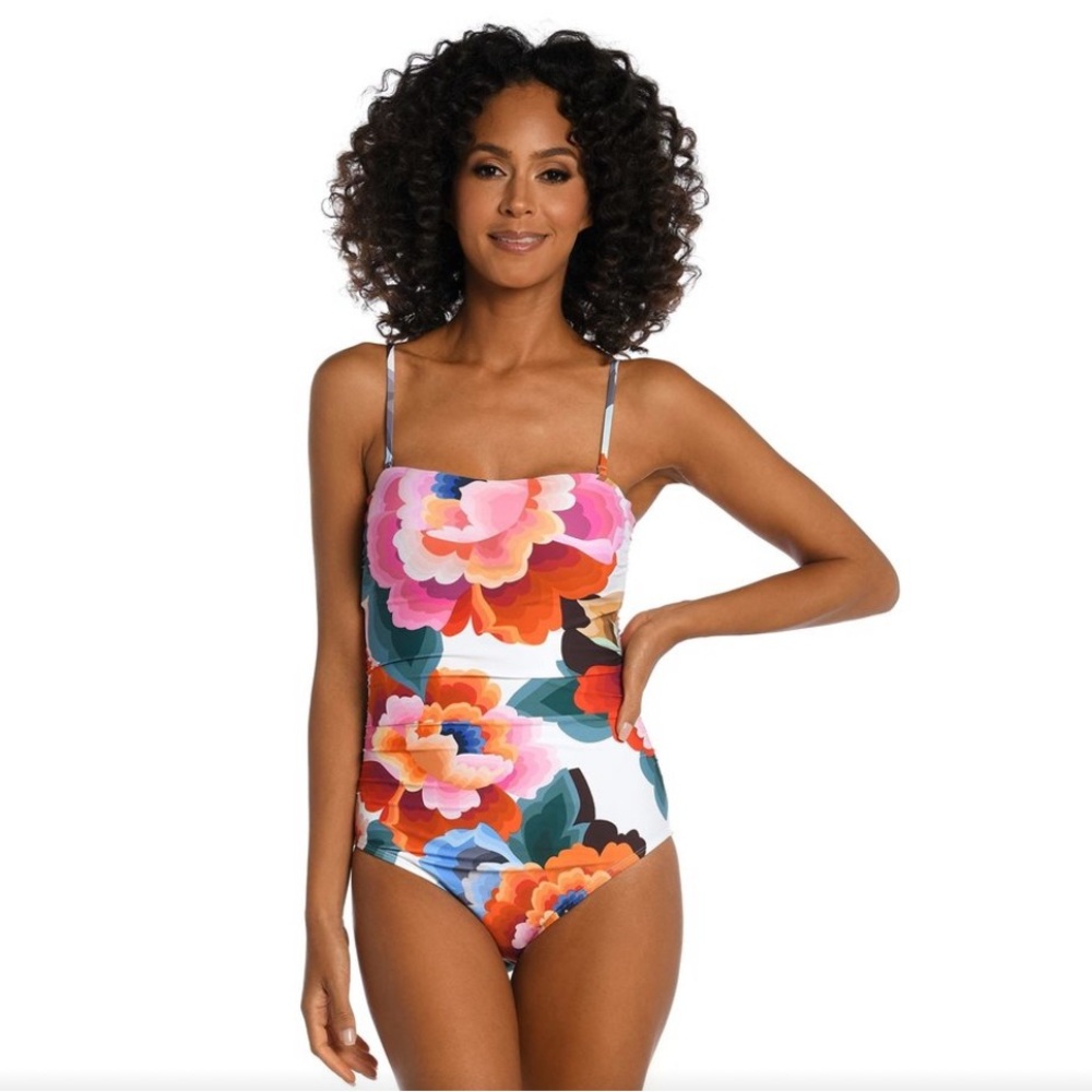 La Blanca Women's NWT Bandeau One Piece, open back Swimsuit, Multicolored
